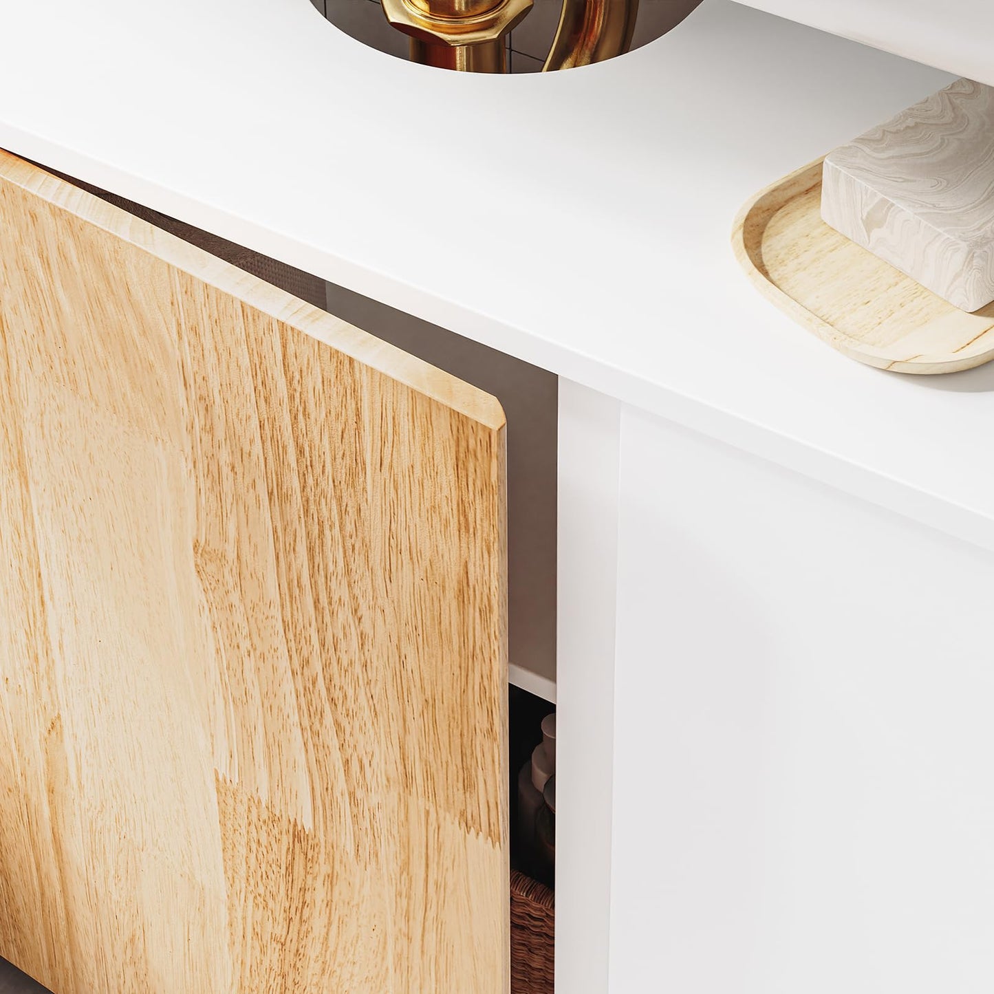 SoBuy BZR75-W Vanity Unit Bathroom Furniture - Bathroom Cabinet with Siphon Cut-Out, 2 Doors & 2 Open Compartments - Space-Saving Vanity Unit, White / Natural 60 x 60 x 29 cm