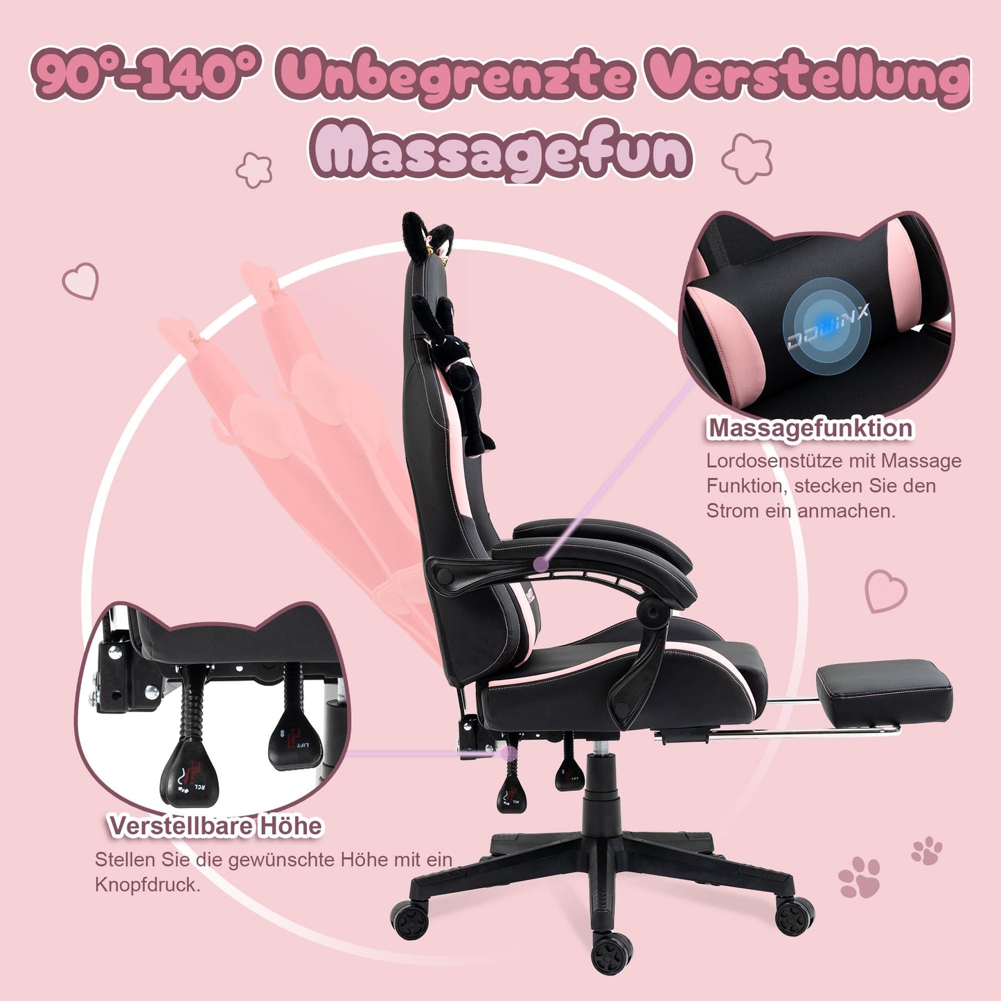 Dowinx Gaming Chair - Cute Cat Edition - Ergonomic Computer Chair with High Back and Lumbar Support, PU Leather, Footrest, Black