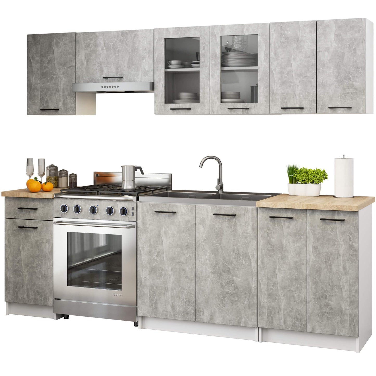 AKORD Küchenmöbel-Set OLIWIA 2.4m Modulares 240 cm 11 Türen 1 Schublade, Küche Komplett, Kitchen Cabinet Set, Küchenschränke, Standschränke, B240xH203xT46 cm, Beton & Beton