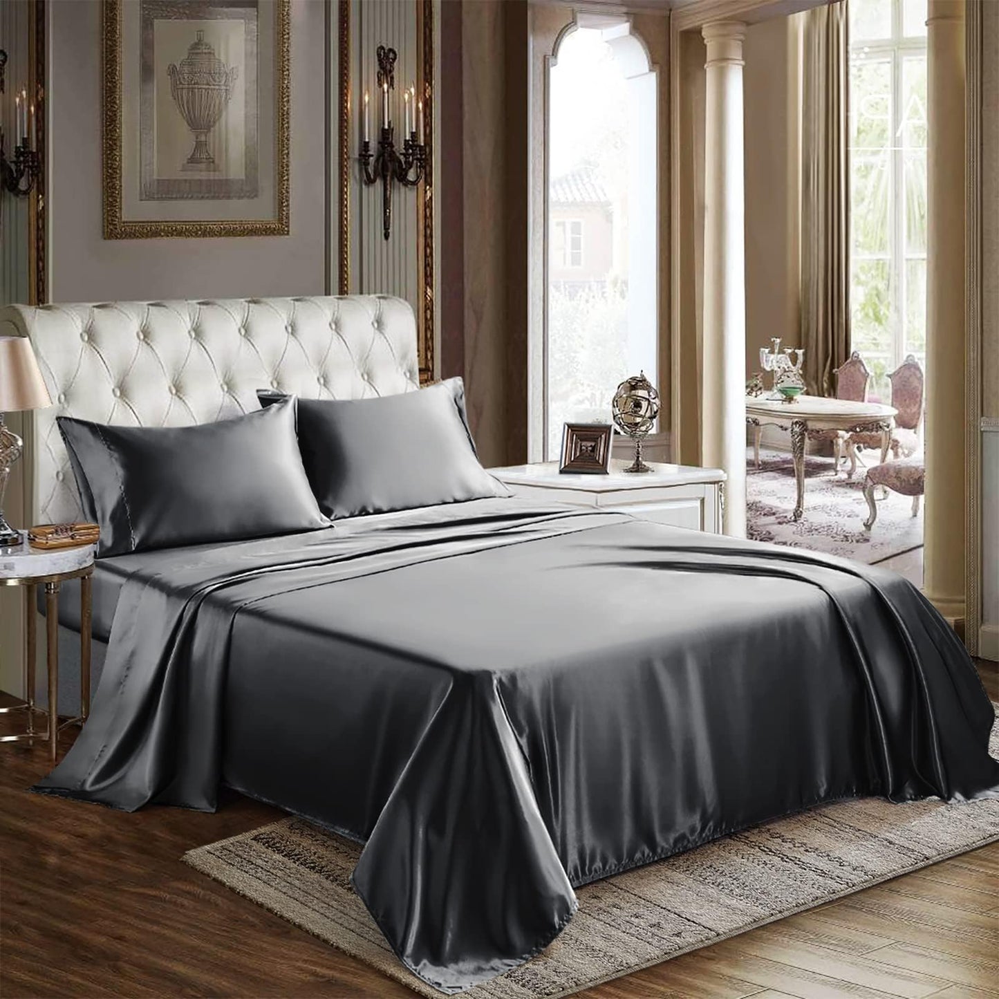 CozyLux Satin Sheets Queen Size - 4 Piece Black Bed Sheet Set with Silky Microfiber, 1 Deep Pocket Fitted Sheet, 1 Flat Sheet, and 2 Pillowcases - Smooth and Soft