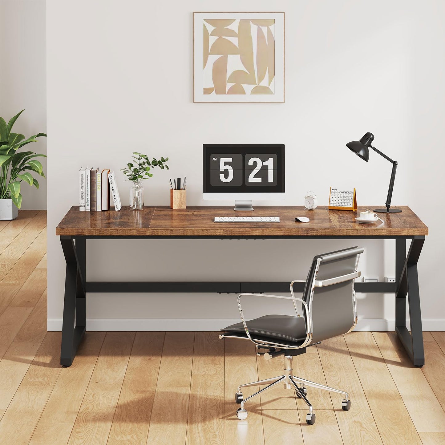IBF Desk in Brown Colour with a Length of 70 Inches, Industrial Large Double Metal and Wood Desk for Computer, Long Office Table for Home