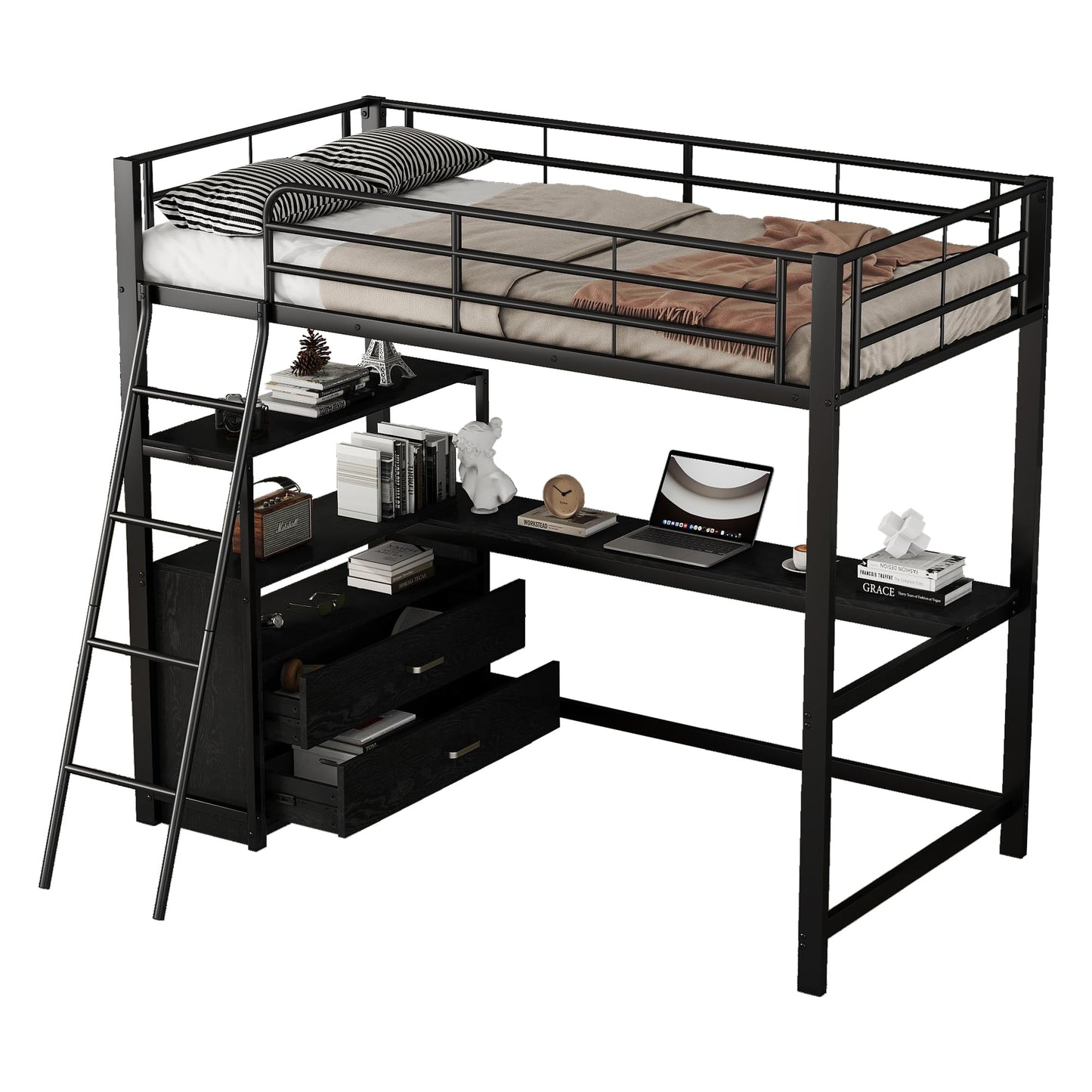 Merax Kinderbett Hochbett 90x200 cm Metallbett mit L-förmigem Schreibtisch, 2 Schubladen und Regal, Bettgestell mit Lattenrost (ohne Matratze) für Kinder/Erwachsene, Schwarz