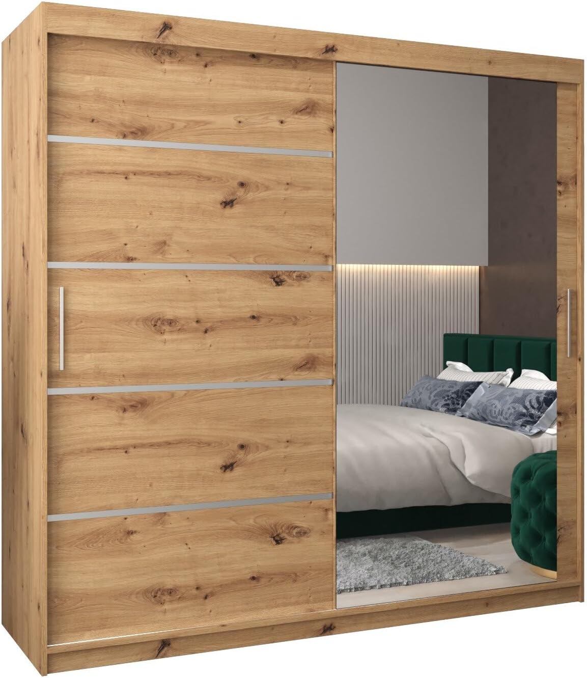 MEBLE KRYSPOL Kleiderschrank mit Spiegel Verona 2 - Garderobenschrank - Schrank Schlafzimmer - Mehrzweckschrank DREI Schiebetüren - Regalen - Flur Möbel - Kleiderstange Schrank - Allzweckschrank