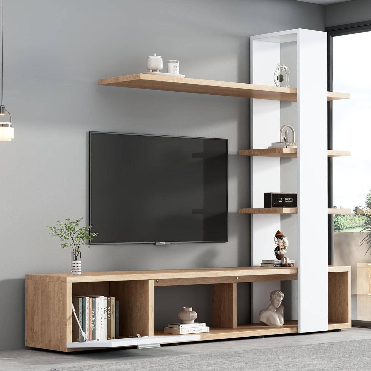 Merax Living Room Furniture Set, 1 x TV Lowboard, Three-Layer Wall Shelf, Living Room Furniture Complete, Elegant Cabinet Wall, Media Wall, Lots of Storage Space, for 60 Inch TVs, White & Wood Colour