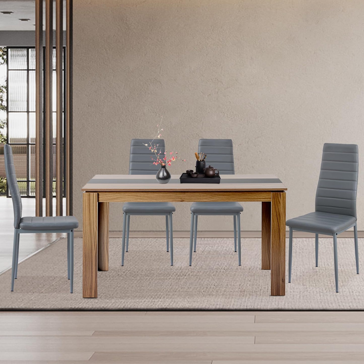 FURNITABLE Esstisch mit 6 Stühlen Esszimmergruppe, Essgruppe mit Hochlehner Kunstleder Stuhl für 6 Personen, Sitzgruppe für Küche Wohnzimmer(160cm Eiche-Weiß Tischbein Tisch+6 Schwarz Stühle)