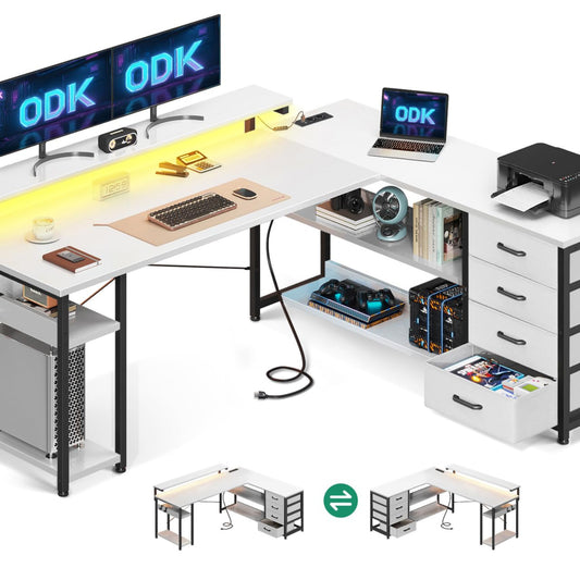 ODK Schreibtisch mit Schubladen, Reversible Eckschreibtisch mit 2 Steckdosen und 2 USB Ladeanschluss, Bürotisch L Form mit LED für Home Office 155×110cm (Alles Weiß)