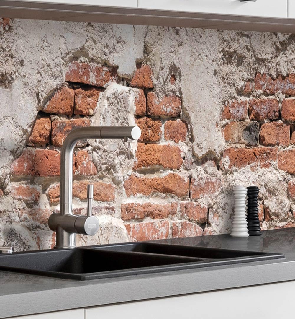 MyMaxxi Küchenrückwand Folie selbstklebend matt - einfache Montage ohne Bohren 0,4mm stark Versteift - Motiv Mauer 04-60cm hoch - Spritzschutz Küche Klebefolie - Stein Ziegel 60 x 60cm