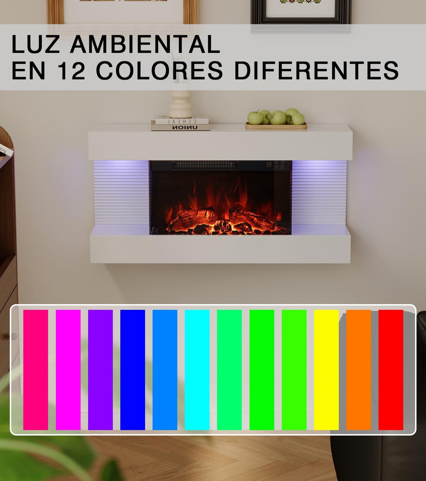 M.C.Haus Wandmontierter Elektrokamin mit 12 Flammenfarben und 3 Helligkeitsstufen | Timer-Funktion & Überhitzungsschutz | Moderner LED-Heizkamin (32in/82cm, weiß)