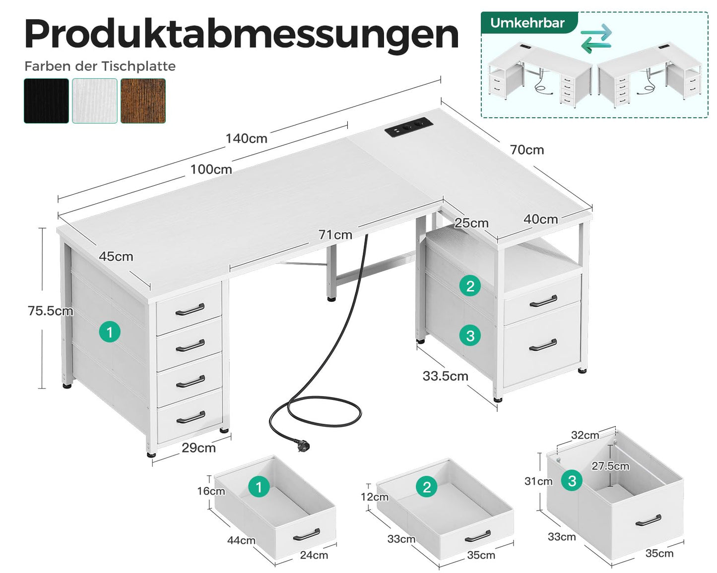 Coleshome Desk with Fabric Drawers, Reversible Desk L Shape with Filing Drawer, Corner Desk with USB Charging Port and Socket, Home Office Desks (White, 140 x 70 cm)