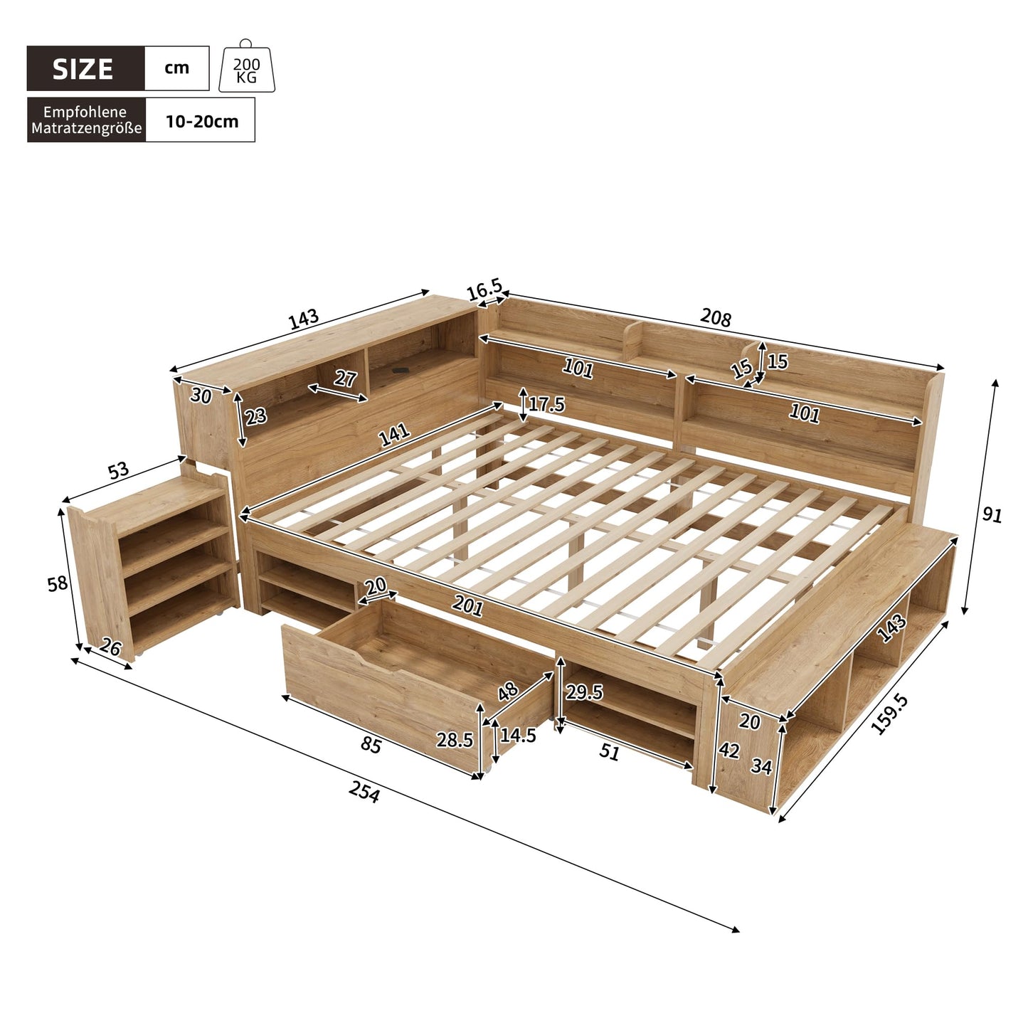 Children's Bed 90 x 200 cm, Wooden Bed with Drawers and Board, Headboard with Bookshelf and Fall Protection, Bed with Slatted Frame and Storage Space, Teenager's Bed, Functional Bed, Wooden Bed Frame,