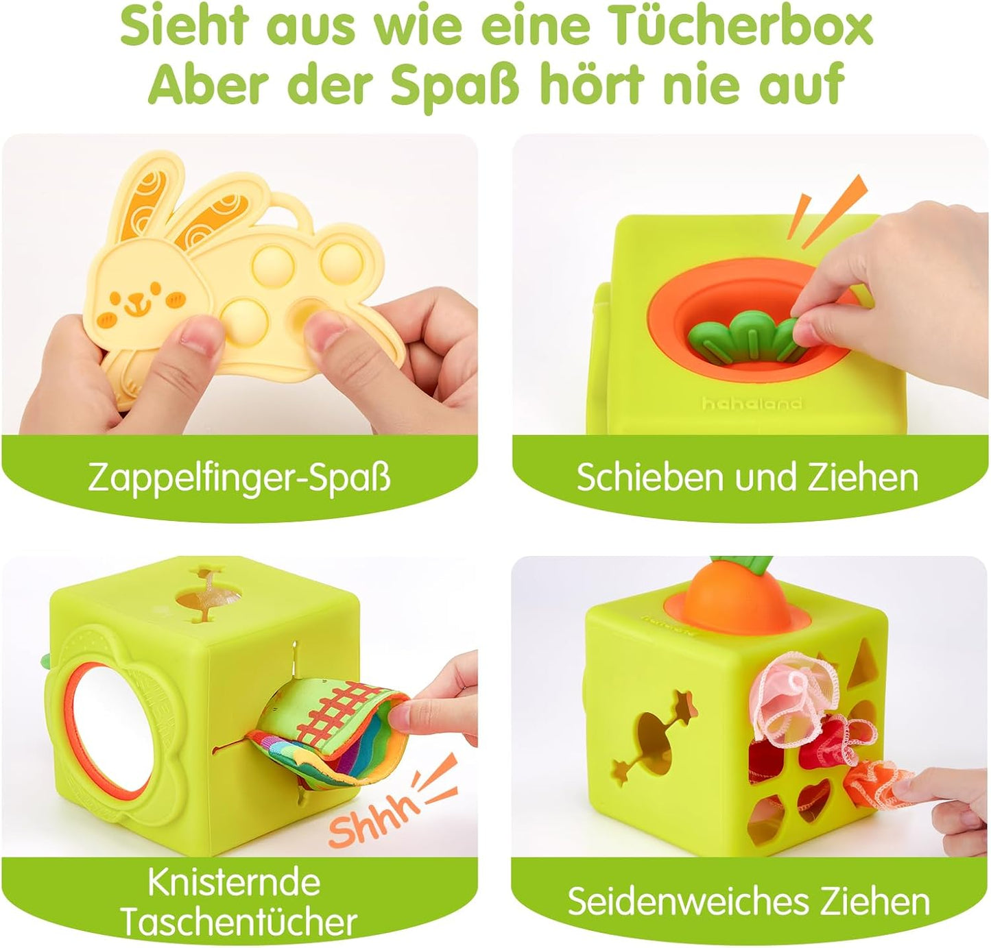 hahaland Baby Spielzeug 6 Monate - Silikon Tücher Box, Montessori Tücherbox Baby Sensorik Spielzeug, 6-in-1 Busy Würfel mit Tüchern, Spiegel, Beißring,Geschenk für Babyspielzeug ab 6 9 12 Monate