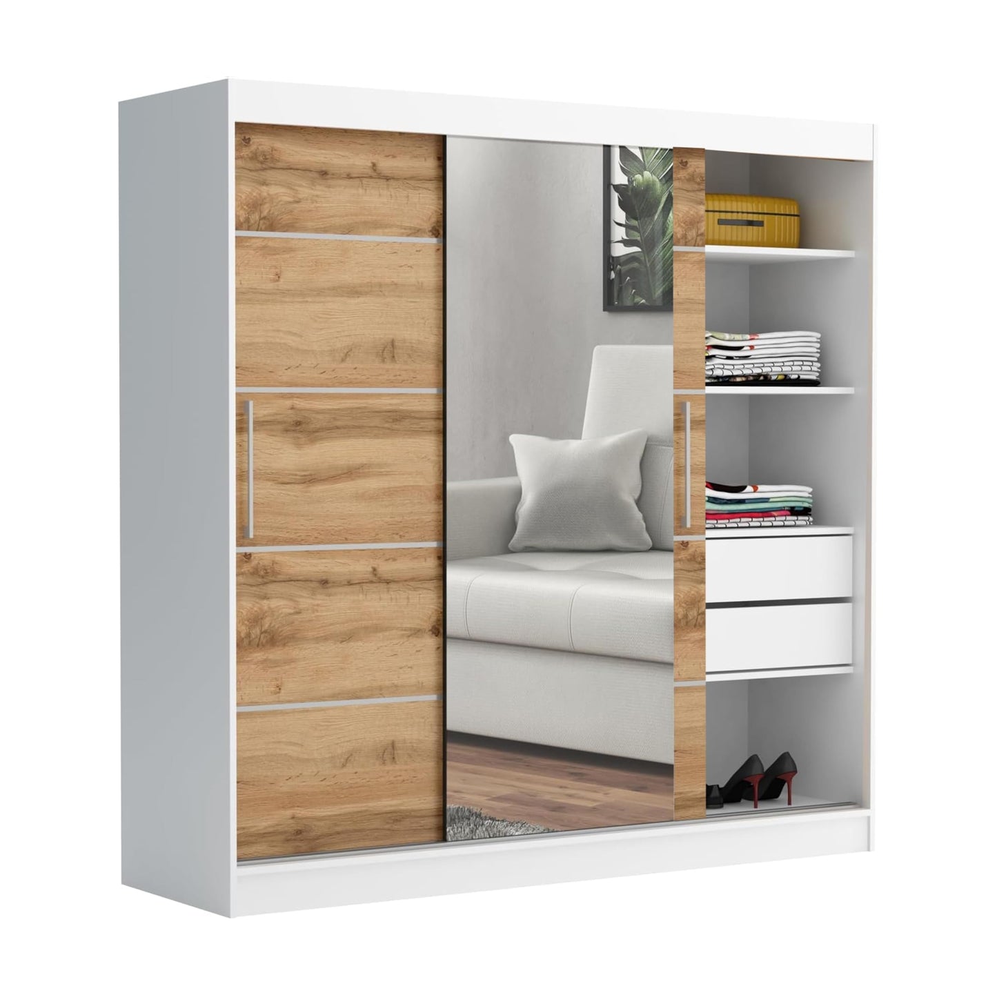 Brent - Kleiderschrank mit Spiegel und Schubladen 200cm Breit Chelsea Tomy, Schwebetürenschrank mit Spiegel, Schlafzimmerschrank, Kleiderschrank Schwarz/Wotan Eiche