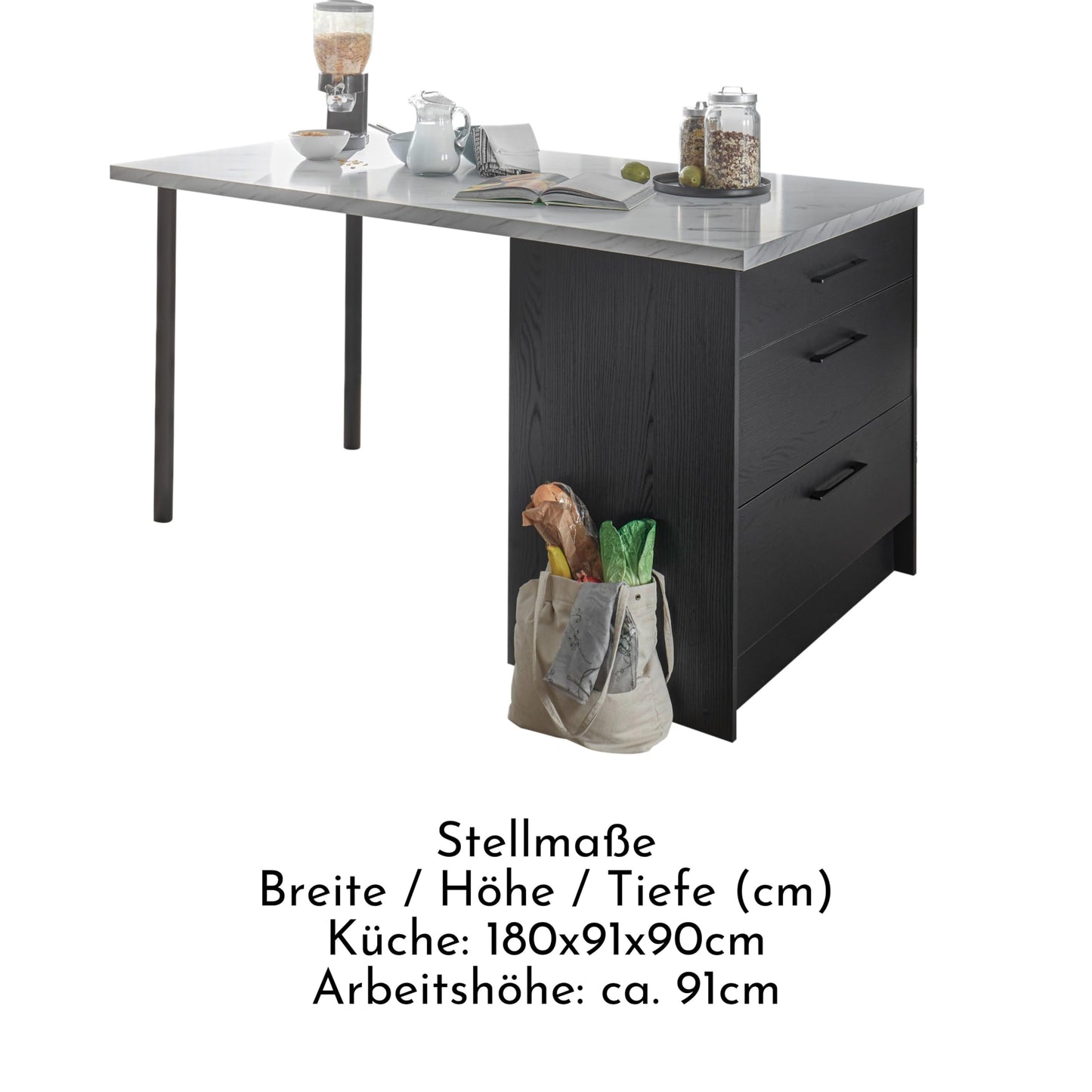 NEW YORK Moderne Küchenzeile ohne Elektrogeräte in Graphit Schwarz, Marmor Optik FSC-zertifiziert - Geräumige Einbauküche mit viel Stauraum - 320 x 210 x 60 cm (B/H/T)