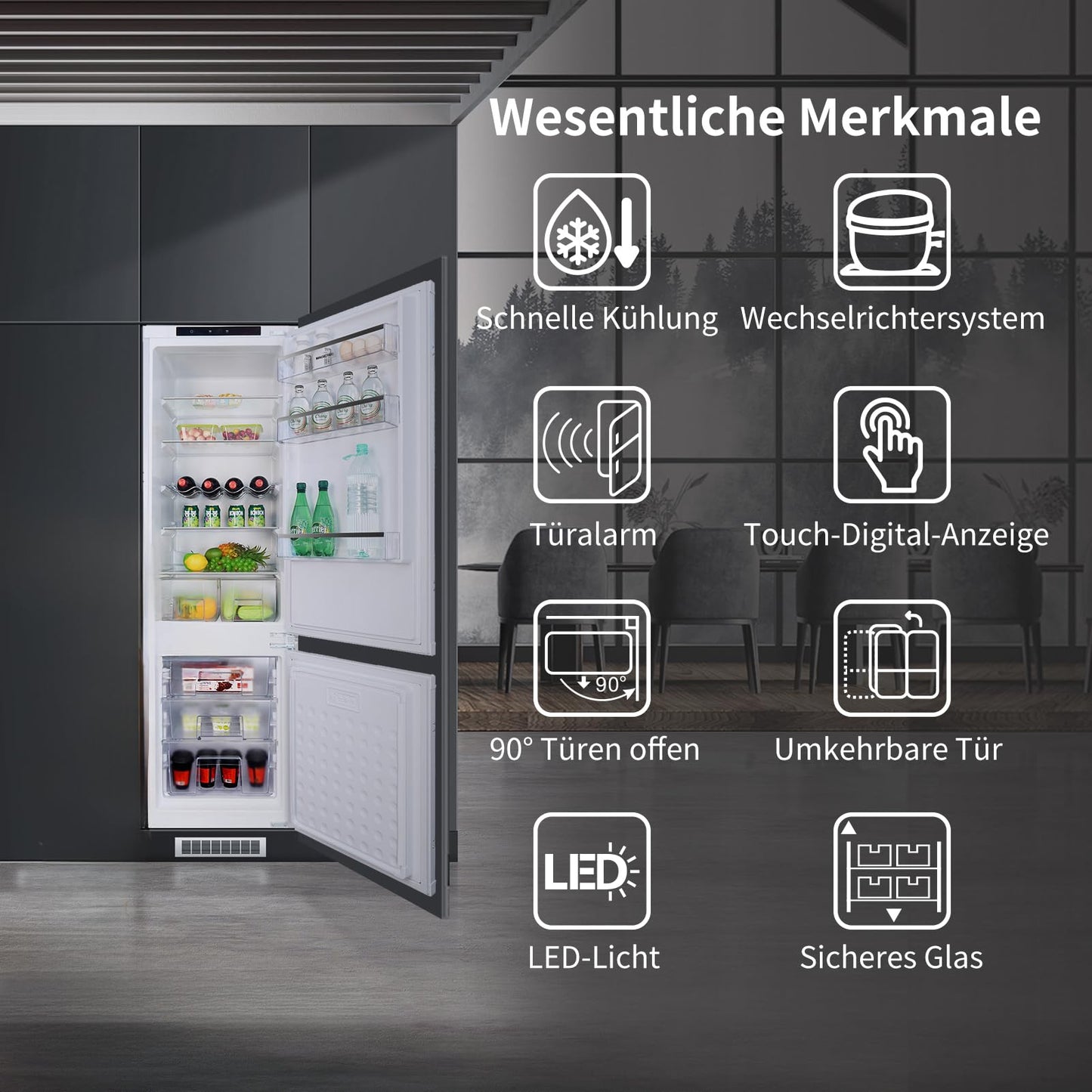 magictec Einbaukühlschrank mit Gefrierfach | 177 cm | 248L (186L/62L) | No Frost | Kühl-Gefrierkombination mit austauschbaren Türscharnieren | Inverterkompressor | Schnellkühlung | Geräuscharm