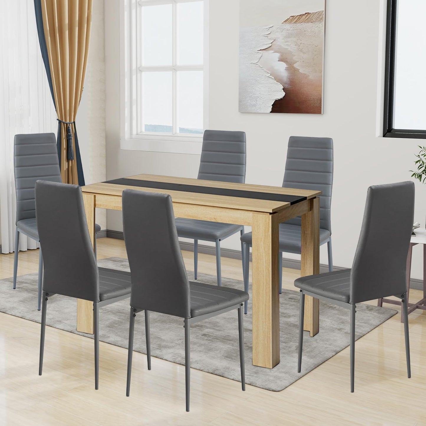 FURNITABLE Esstisch mit 6 Stühlen Esszimmergruppe, Essgruppe mit Hochlehner Kunstleder Stuhl für 6 Personen, Sitzgruppe für Küche Wohnzimmer(160cm Eiche-Weiß Tischbein Tisch+6 Schwarz Stühle)