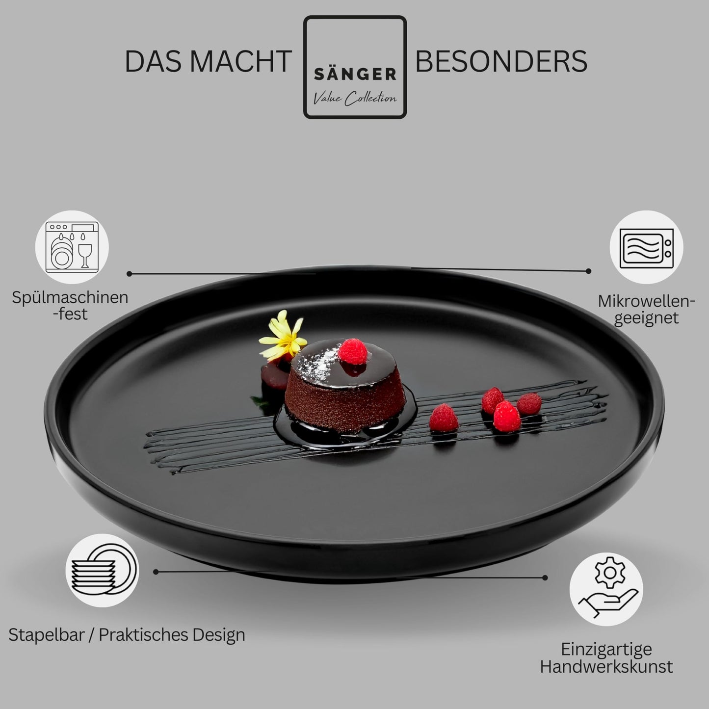 SÄNGER Madeira | Steingut Geschirr Set 18 tlg, Teller Set 6 Personen, Geschirrset 6x Speiseteller 6x Müslischalen 6x Dessertteller, Tafelservice schwarz kratzfest, Essgeschirr matt | VALUE COLLECTION