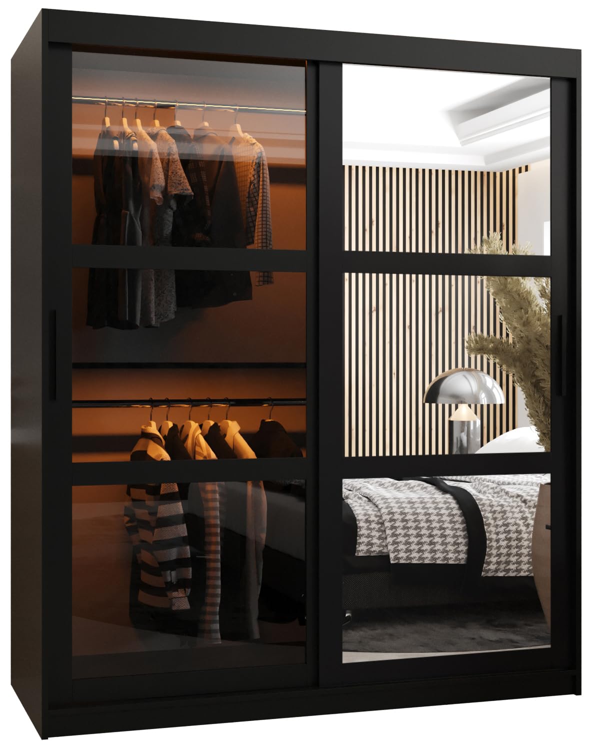 MEBLE KRYSPOL Dome 2 Schrank mit DREI Schiebetüren mit Spiegel, Stangen und Regalen - Aufbewahrungsschrank mit Rauchglas für Schlafzimmer, Wohnzimmer - 200x250x62cm - Schwarz, Schwarz, Schwarz