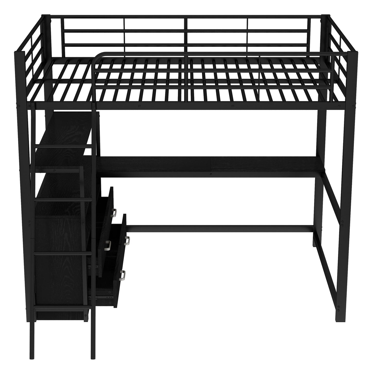 Merax Kinderbett Hochbett 90x200 cm Metallbett mit L-förmigem Schreibtisch, 2 Schubladen und Regal, Bettgestell mit Lattenrost (ohne Matratze) für Kinder/Erwachsene, Schwarz