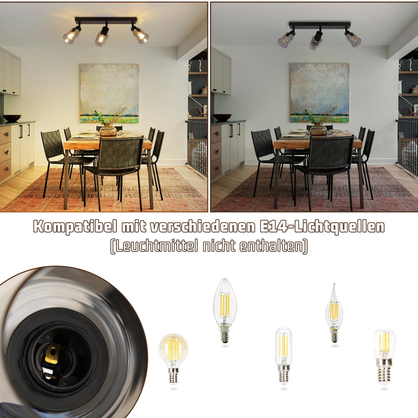 Kowanie Deckenlampe Vintage 6 flammig: Industrial Wohnzimmerlampe Schwarz Deckenleuchte Wohnzimmer retro Kronleuchter aus Glas Deckenbeleuchtung inkl. 6 × E14 2700K Leuchtmittel für Küche