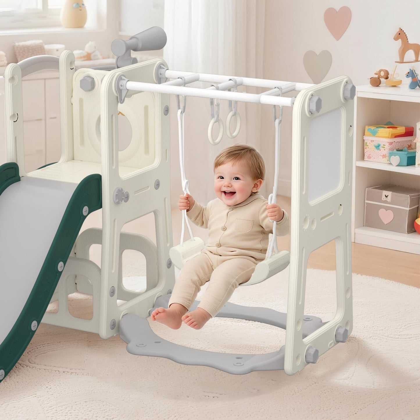 Hominewti Rutsche und Schaukel für Kinder, 8-in-1-Kinderrutsche mit Schaukel, Klettergerüst, Teleskop, Whiteboard, Basketballkorb, Freistehende Rutsche, Spielplatz für Kleinkinder, Grau