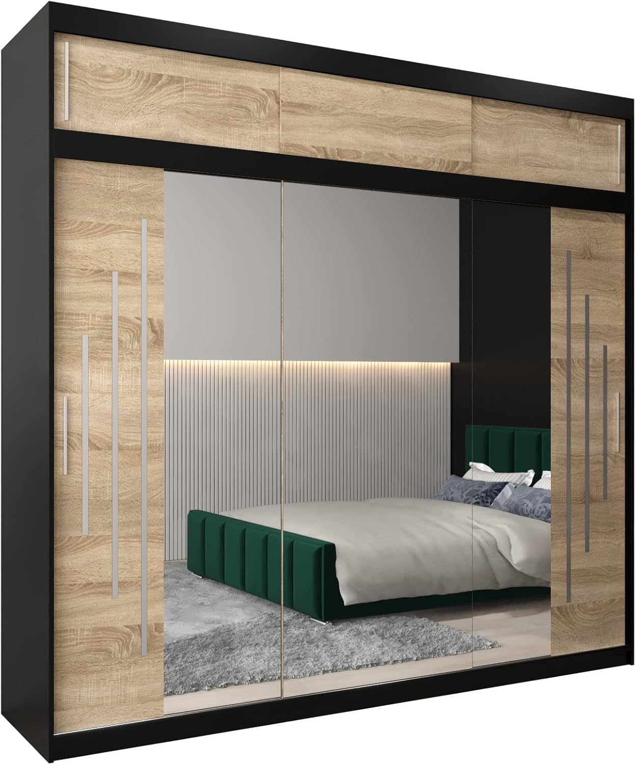MEBLE KRYSPOL Kleiderschrank mit Spiegel York 2 - Garderobenschrank - Schrank Schlafzimmer - Mehrzweckschrank Zwei Schiebetüren - Regalen - Flur Möbel - Kleiderstange Schrank - Allzweckschrank