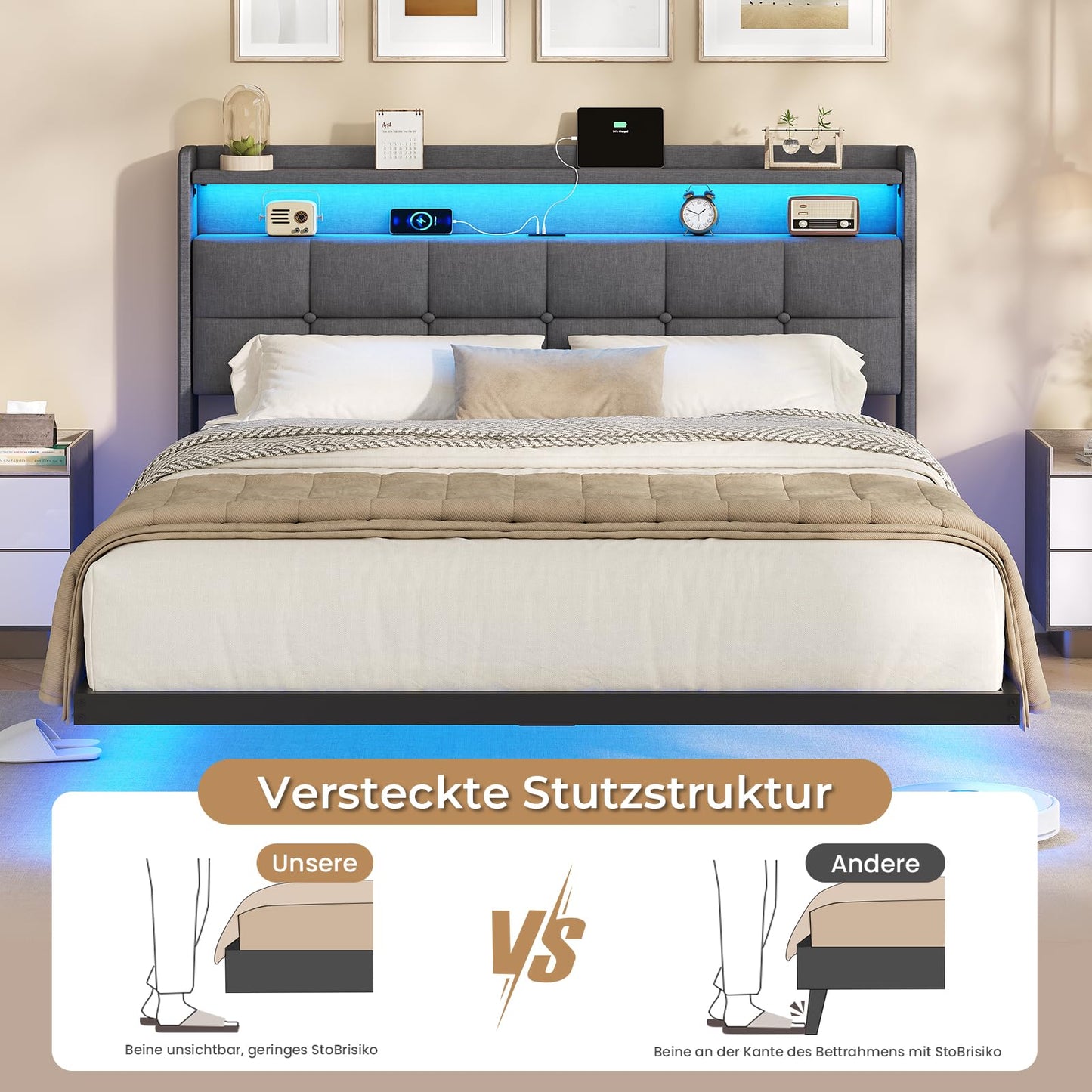 AOGLLATI Upholstered Bed 140 x 200 cm, Double Bed Frame, Bed Frame with LED Lighting and Charging Station, Bed Frame with Headboard, Bed Floating Bed Frame, Metal Bed, Linen, Dark Grey (without