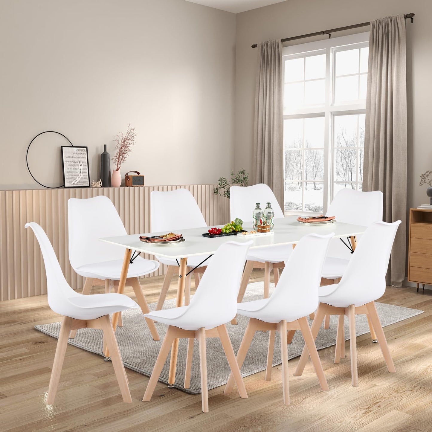 H.J WeDoo Esszimmergruppe mit 4 Essstühlen, Rechteckig Esstisch und Stühle für Esszimmer, Küche, Wohnzimmer, Weißer Esstisch und Graue Stühle