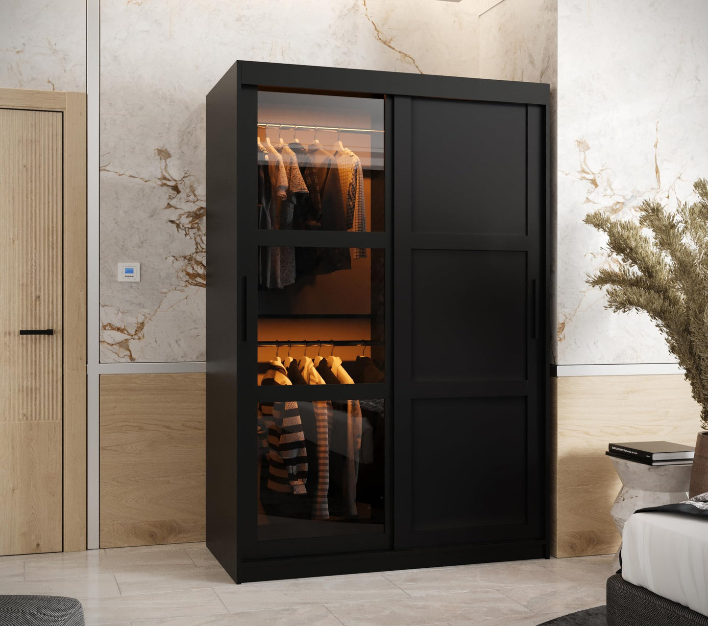 MEBLE KRYSPOL Dome 2 Schrank mit DREI Schiebetüren mit Spiegel, Stangen und Regalen - Aufbewahrungsschrank mit Rauchglas für Schlafzimmer, Wohnzimmer - 200x250x62cm - Schwarz, Schwarz, Schwarz