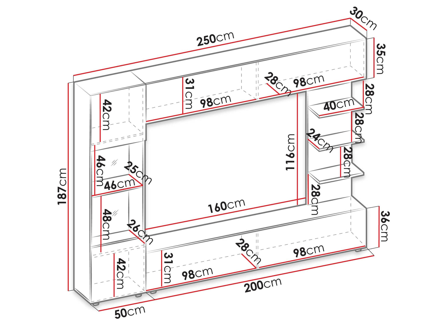Lazando Wall Unit, Media Wall, Cabinet Wall Consisting of Wall Cabinet, Display Cabinet, TV Lowboard and Wall Shelf (Cashmere/Cremona Oak, with White LED Lighting)