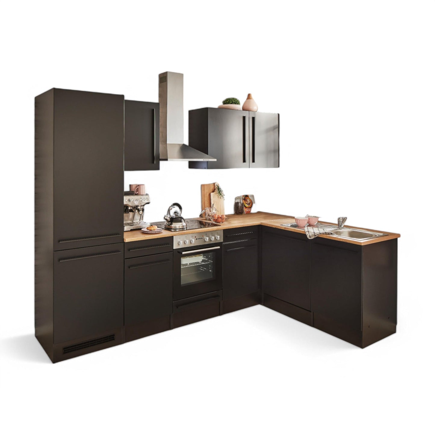 Jazz 8 Modern Corner Kitchen without Electrical Appliances in White High Gloss, Metallic Grey - Spacious Kitchen Unit in L-Shaped with Lots of Storage Space - 220 x 211 x 60 cm (W x H x D)