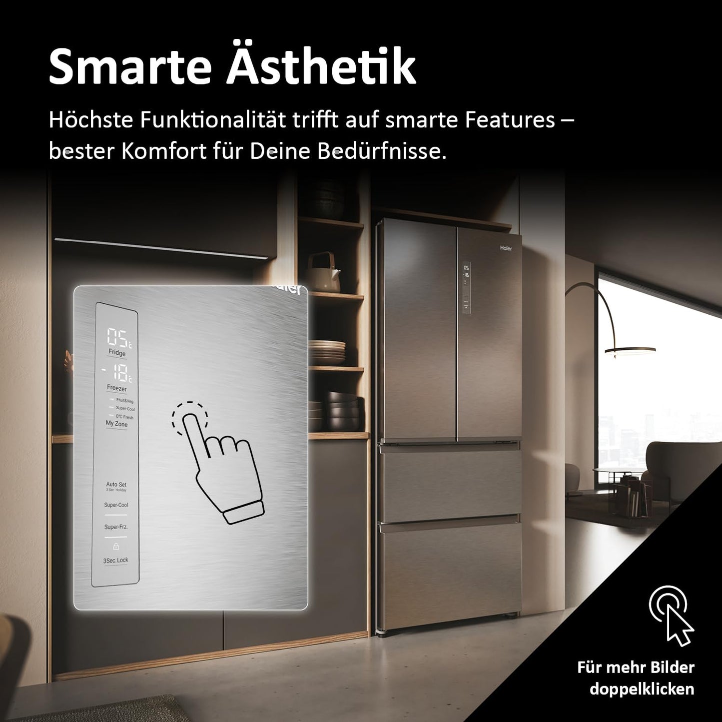 Haier French Door Kühl-Gefrierkombination 70 cm Breite I 402 L French Door Kühlschrank, freistehend I Doppeltür Kühlschrank mit Gefrierfach, No Frost I LED, Touch-Display I FD 70 SERIE 3 HFR3718ENMM