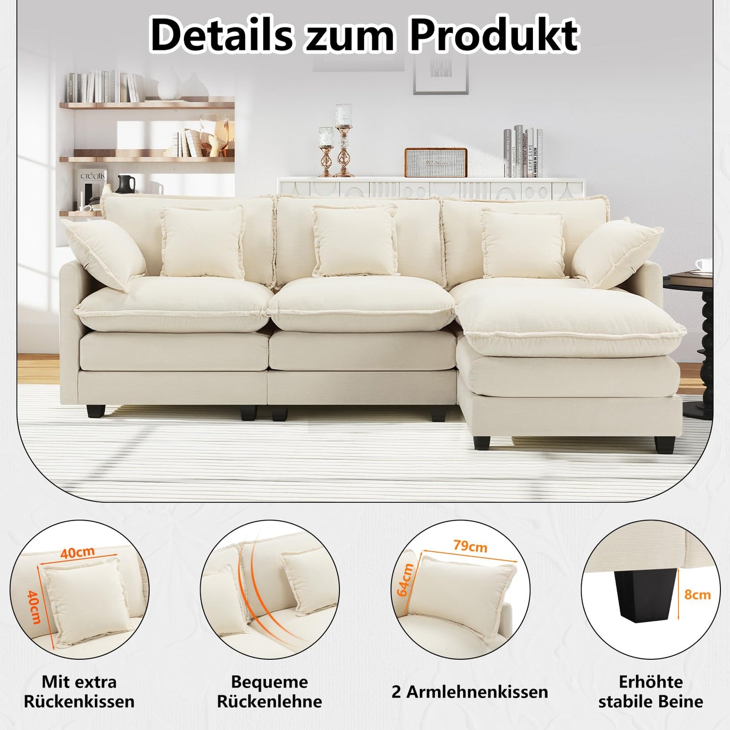 Urhanherry U-Shape Cloud Sofa, Modular Sectional Sofa, 6-Seater with 2 Ottomans, Modern Sofa with Decorative Cushions/Armrests, Breathable Chenille Fabric, U Sofa Couch for Living Room, Beige