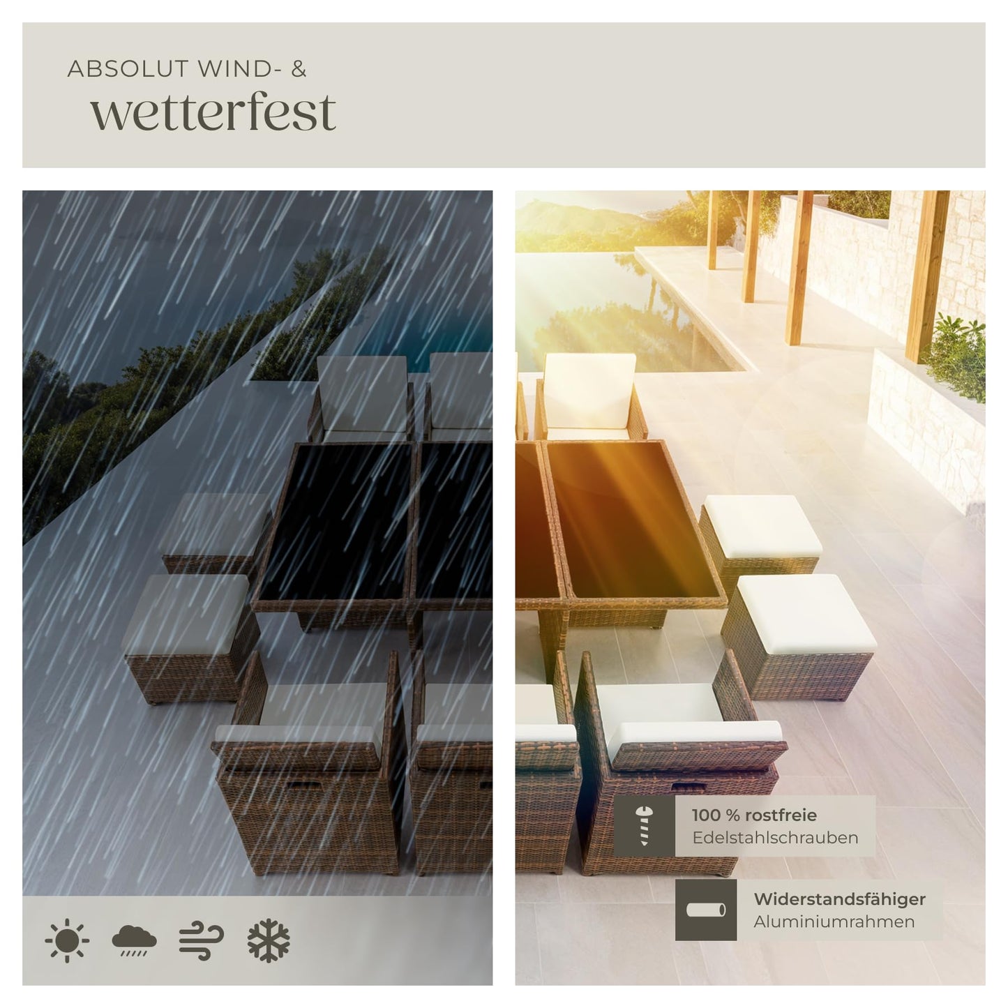 tectake Polyrattan Gartenmöbel Set, Sitzgruppe mit 6 Stühle +1 Glasplatte Tisch + 4 Hocker, Gartenlounge Set klappbar, für bis zu 10 Personen, Balkon Möbel, inkl. 2 Bezugsset - Natur