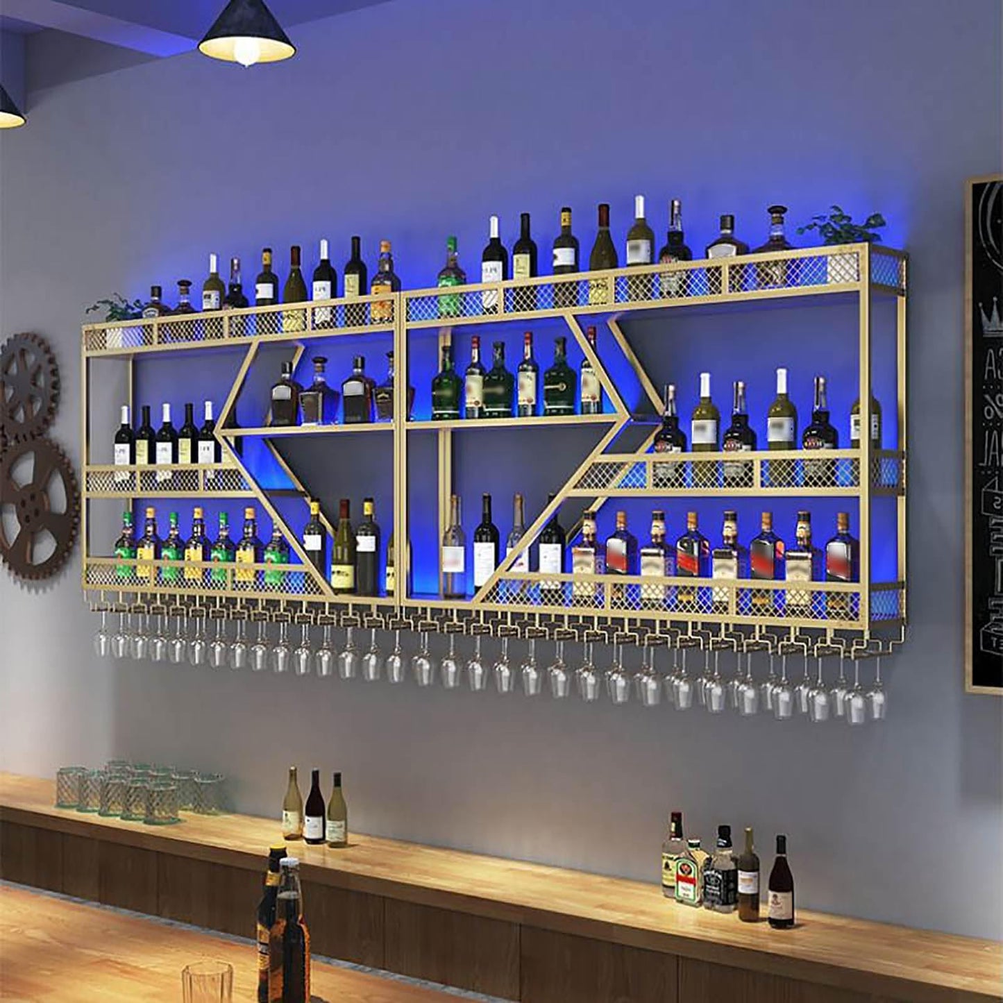 Weinregal aus Metall, großer Weinflaschenhalter aus Wandmontage mit 3 Ebenen, modernes, schwebendes Barregal in Rautenform,für die Dekoration von Restaurants und Bars zu Hause (schwarz, 200cm)