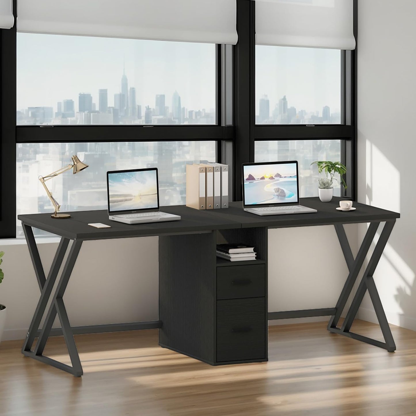 LVB Schwarz Large Double Industrial Computer-Schreibtisch mit Schubladen, Extra Lange Gaming-Tabelle mit Lagerung Schrank Regale, Holz-Metall-Computer-Schreibtisch