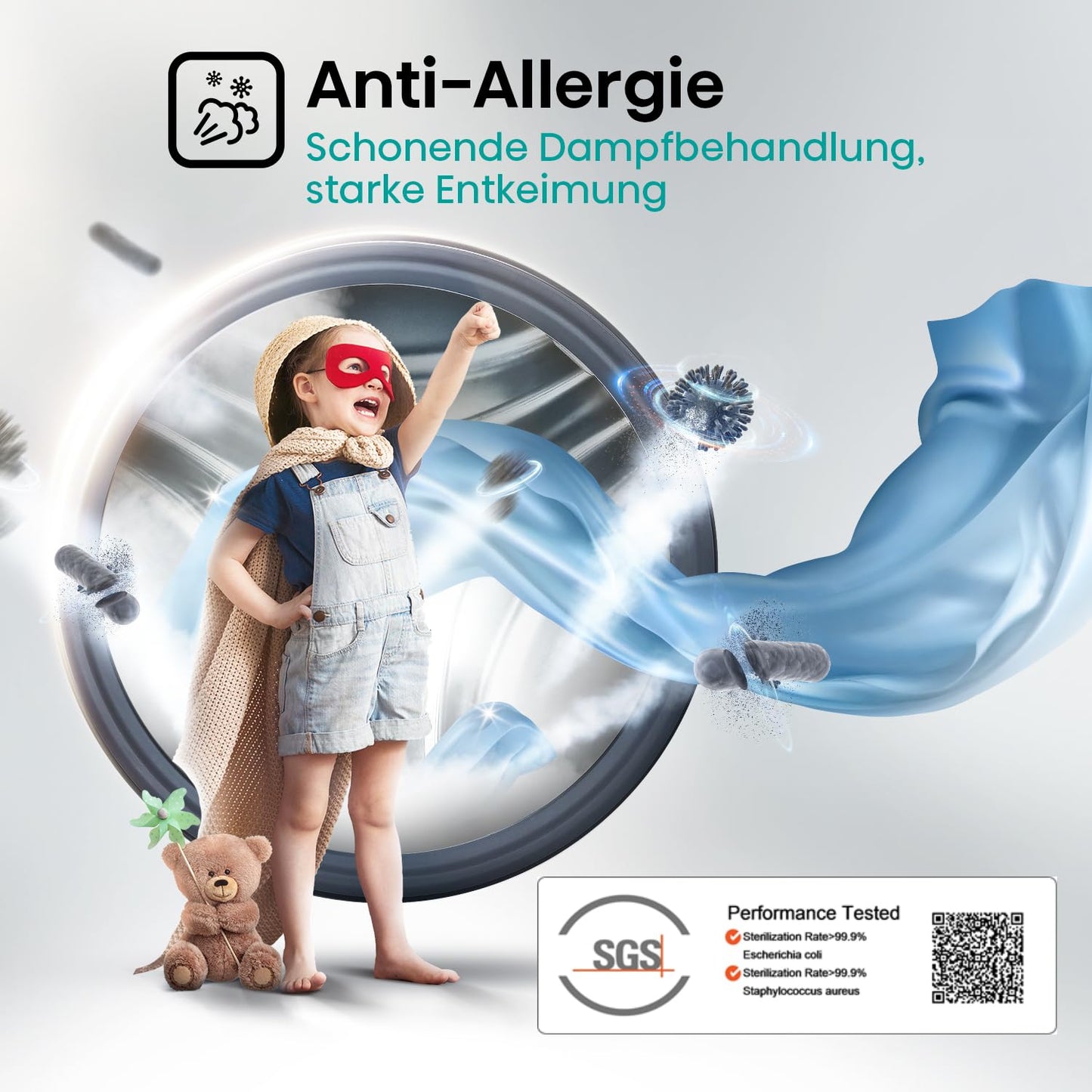 Hisense WF3S8043BB3 Waschmachine mit Dampffunkunktion, 8 kg, 1400 U,min, WIFI, ConnectLife, Power JetWash, Anti-Allergie Programm, Aqua Stop, Auto Wash, Quick Wash, EEK A-30 Prozent