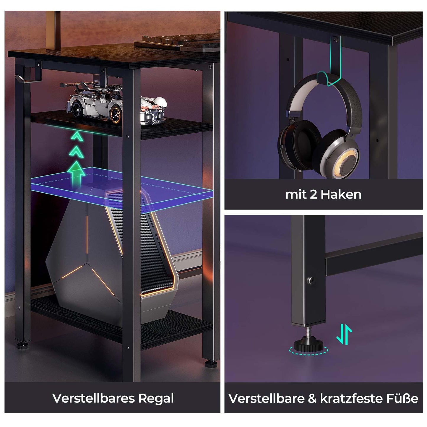 Rolanstar Schreibtisch L Form mit LED & Steckdosen, 117 cm Computertisch mit Monitorständer & Ablagefläche, Reversibler Eckschreibtisch mit 2 Haken, perfekt für Arbeitszimmer Schlafzimmer Büro