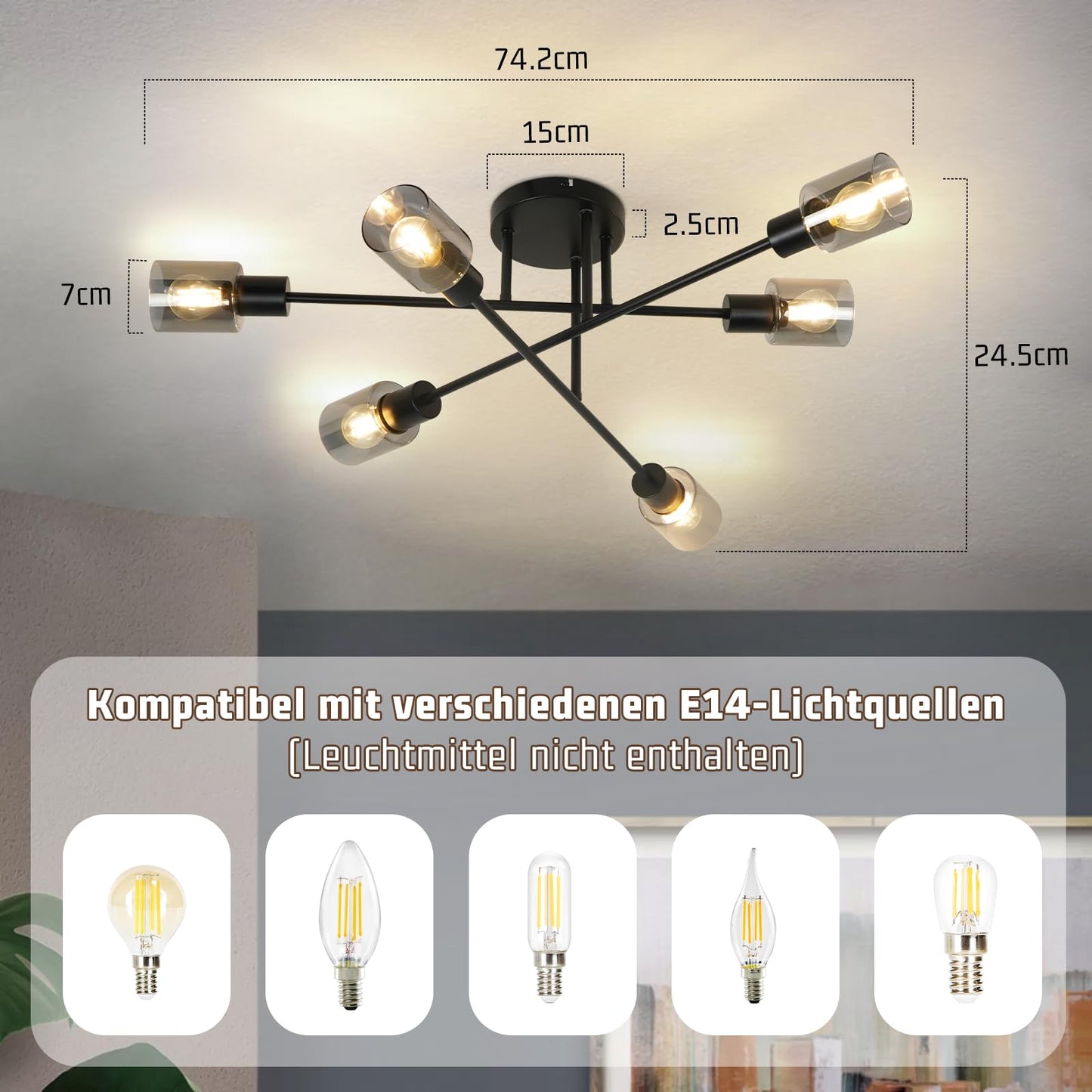 Kowanie Deckenlampe Vintage 6 flammig: Industrial Wohnzimmerlampe Schwarz Deckenleuchte Wohnzimmer retro Kronleuchter aus Glas Deckenbeleuchtung inkl. 6 × E14 2700K Leuchtmittel für Küche