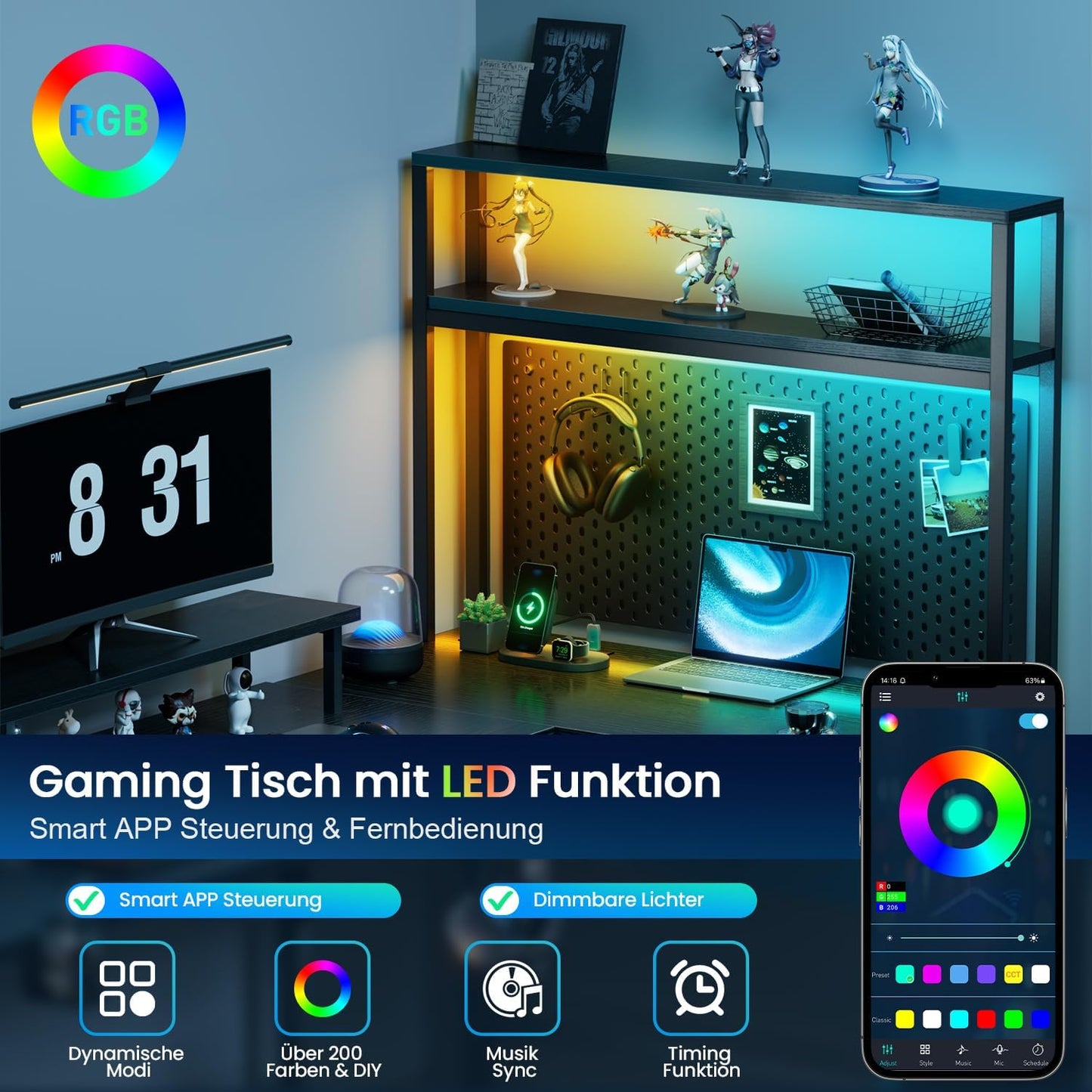 HLONONE Gaming Table with LED, 150 x 100 cm Gaming Desk, L Shape with 3 Sockets and 2 USB, Reversible Corner Desk, PC Corner Table, Computer Desk with Monitor Stand and Countertop Shelf, Black