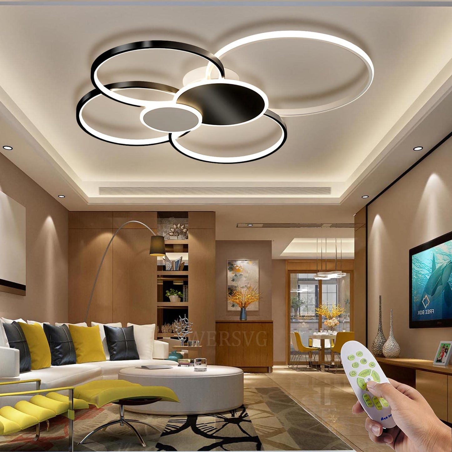 WERSVG L80cm Modern LED Deckenleuchte Wohnzimmer Deckenlampe gold 6-Ring Deckenleuchte 70W 5600LM Dimmbar 3500K - 6500KMit Fernbedienung flurlampe decke, für Wohnzimmer Schlafzimmer Küche Esszimmer
