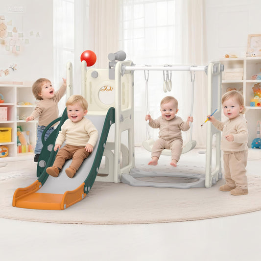 Hominewti Rutsche und Schaukel für Kinder, 8-in-1-Kinderrutsche mit Schaukel, Klettergerüst, Teleskop, Whiteboard, Basketballkorb, Freistehende Rutsche, Spielplatz für Kleinkinder, Grau