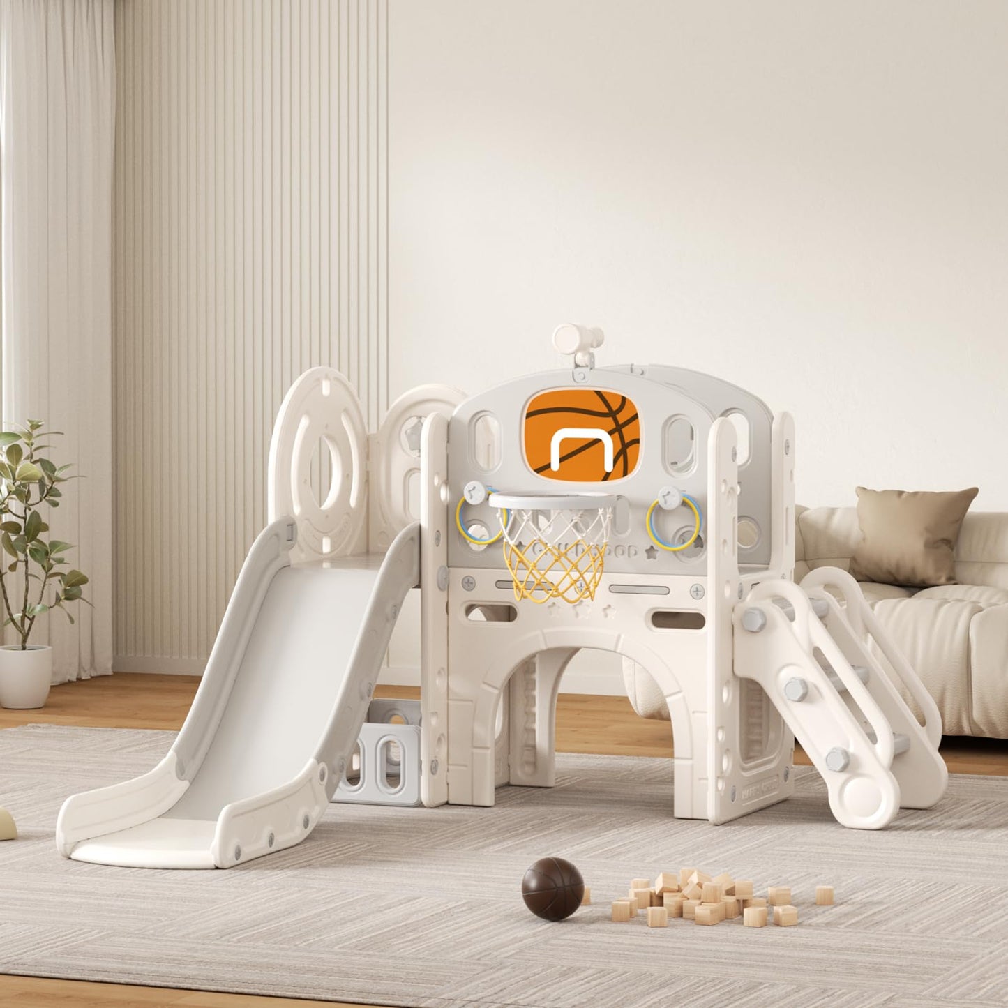 Rutsche mit Klettergerüst für Kinder: Indoor Spielplatz mit - Aufbewahrungsbox Tunnel Treppenleiter Basketballkorb und Durchgangsbereich Gartenrutsche (Star Set-G-Brown)