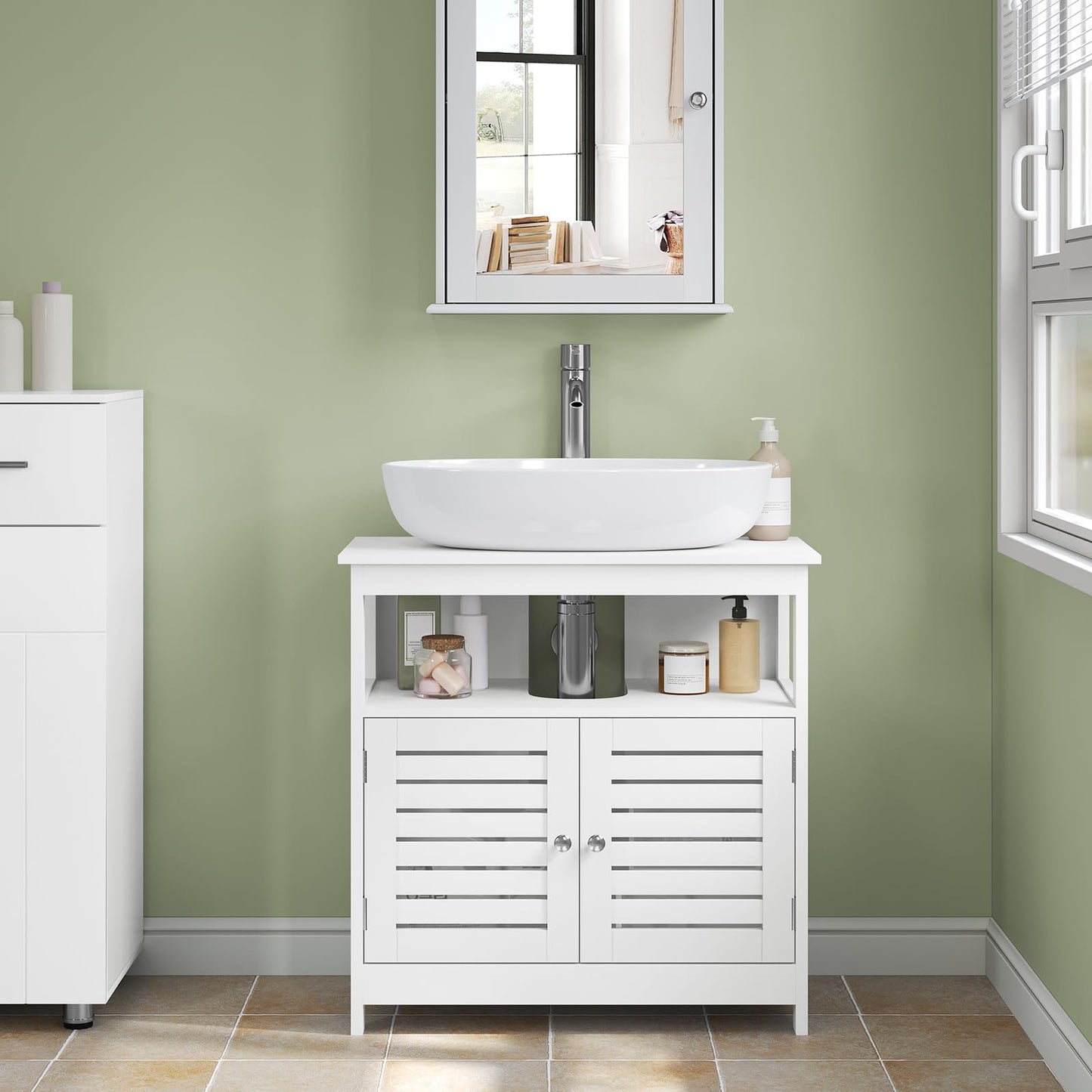 EUGAD Bamboo Vanity Unit with Slat Doors, Adjustable Shelf, 60 x 60 x 30 cm