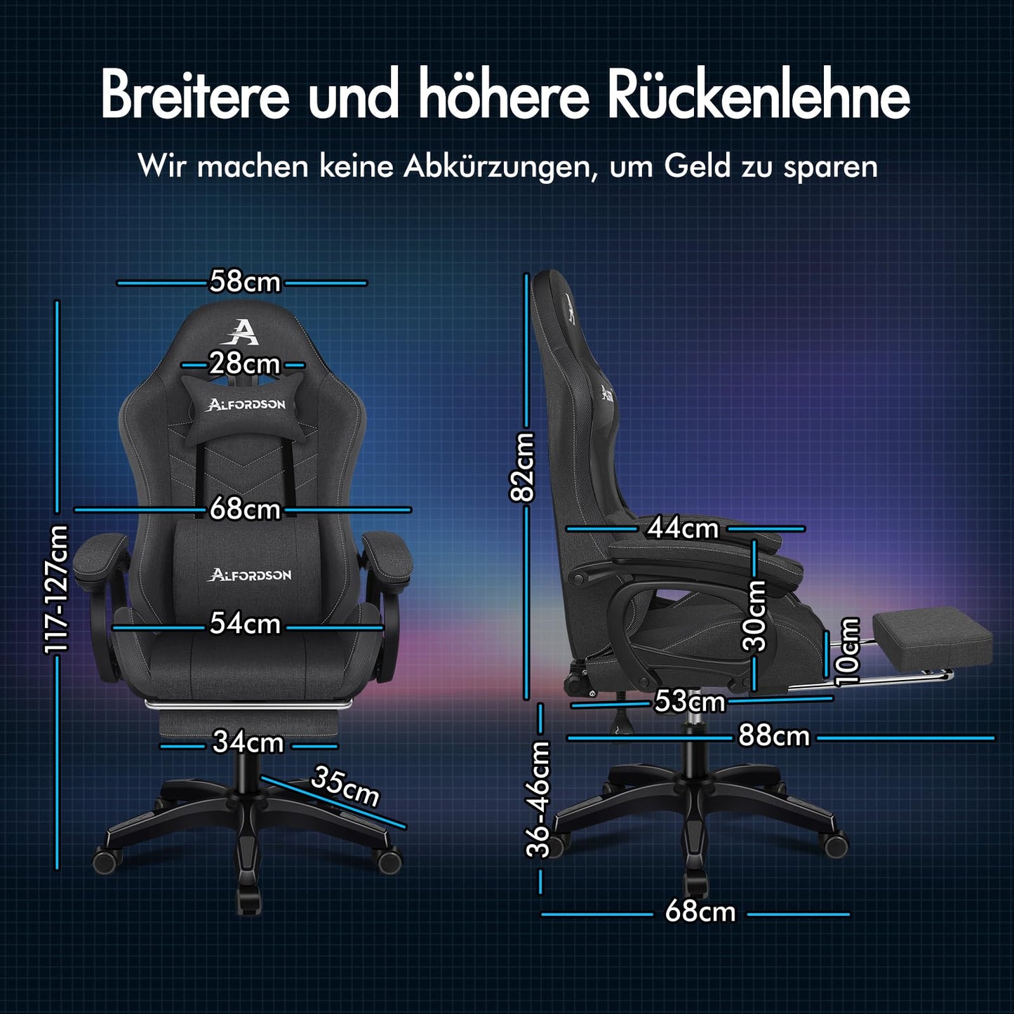 ALFORDSON Gaming Stuhl mit 8-Punkt Massage 12 Farben RGB LED-Licht, Bürostuhl Ergonomisch mit fußstützen, Kopfstütze Lendenkissen für Kinder Erwachsene, Schwarz
