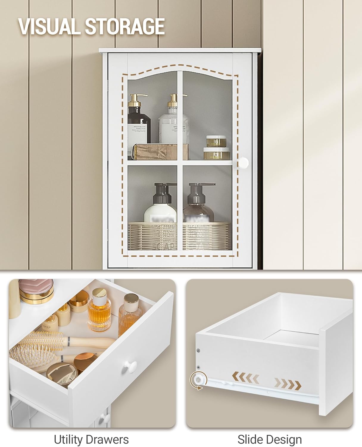 Hzuaneri SC10003X Bathroom Cabinet with Glass Door, High Storage Cabinet with 2 Doors and 1 Drawer, Adjustable Shelves, Bathroom, Living Room, 40 x 30 x 170 cm, White