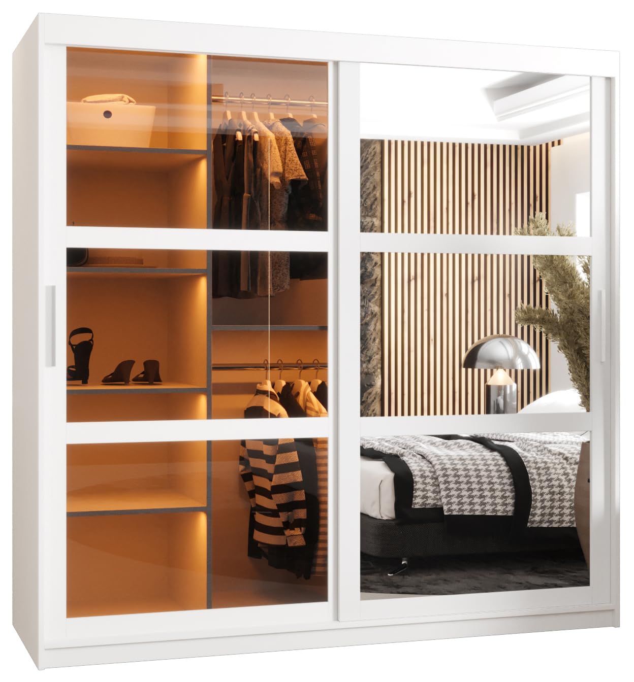 MEBLE KRYSPOL Dome 2 Schrank mit DREI Schiebetüren mit Spiegel, Stangen und Regalen - Aufbewahrungsschrank mit Rauchglas für Schlafzimmer, Wohnzimmer - 200x250x62cm - Schwarz, Schwarz, Schwarz