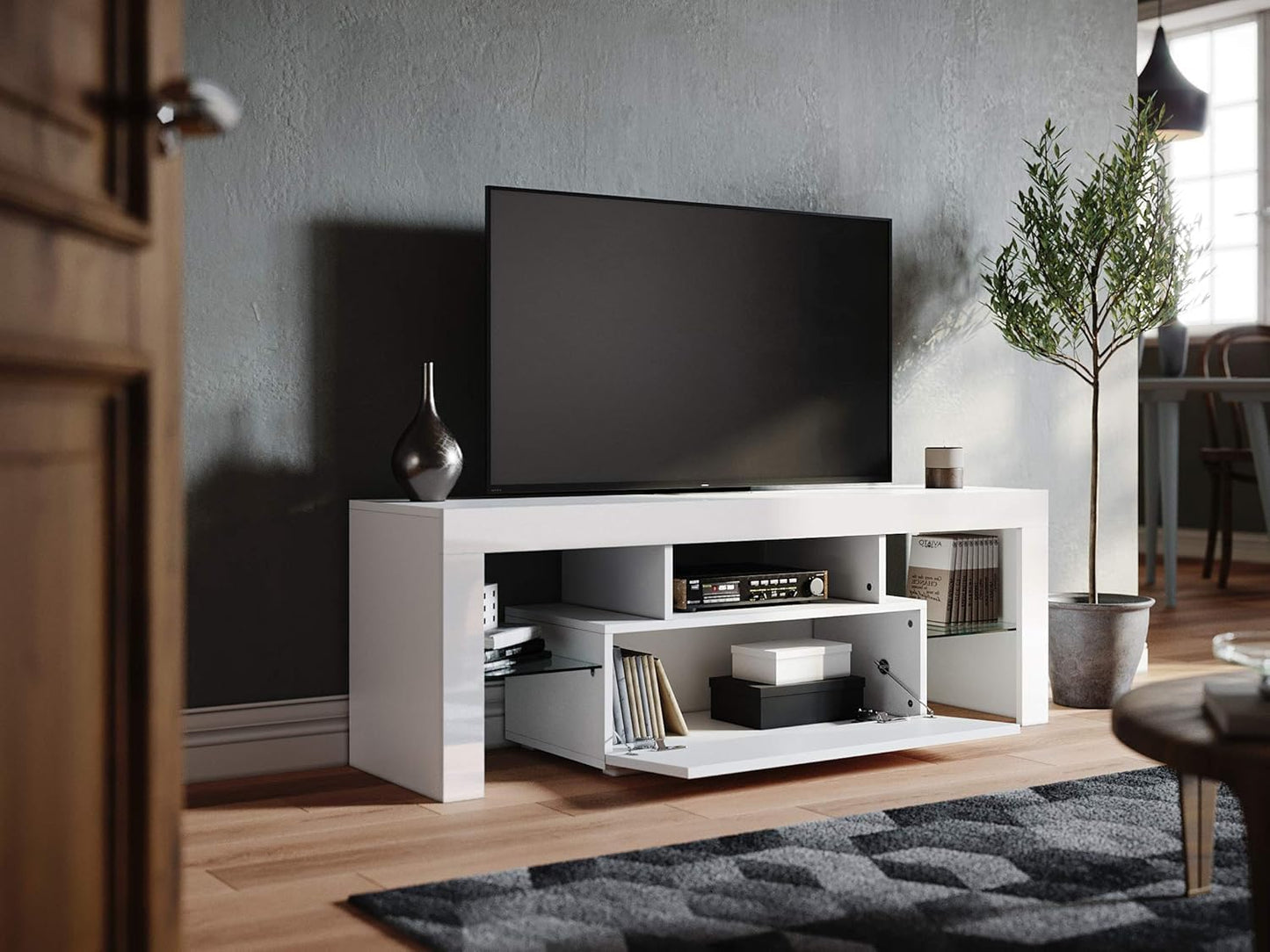 SONNI Modern TV Cabinet 180 cm, Lowboard High Gloss White with 16 Colours LED Lighting, Drawer, Open Glass Shelves, TV Stand for TVs up to 65 Inches, Living Room & Bedroom, 180 x 35 x 45 cm