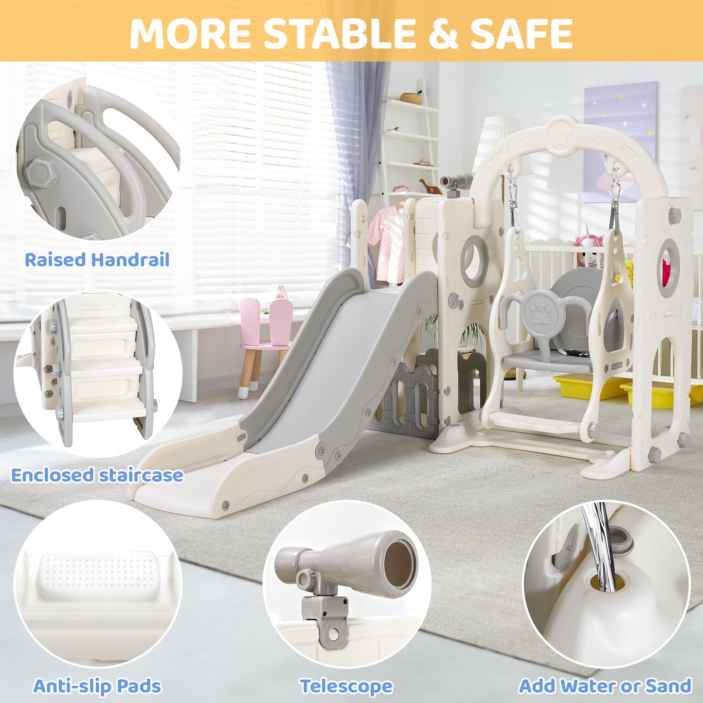 Swing Slide, 5-in-1 Children's Slide with Swing, Climbing Frame, Telescope, Storage, Indoor and Outdoor Freestanding Slide, Playground for Toddlers, for Max 60 kg from 1-6 Years, 2 Pieces Modules