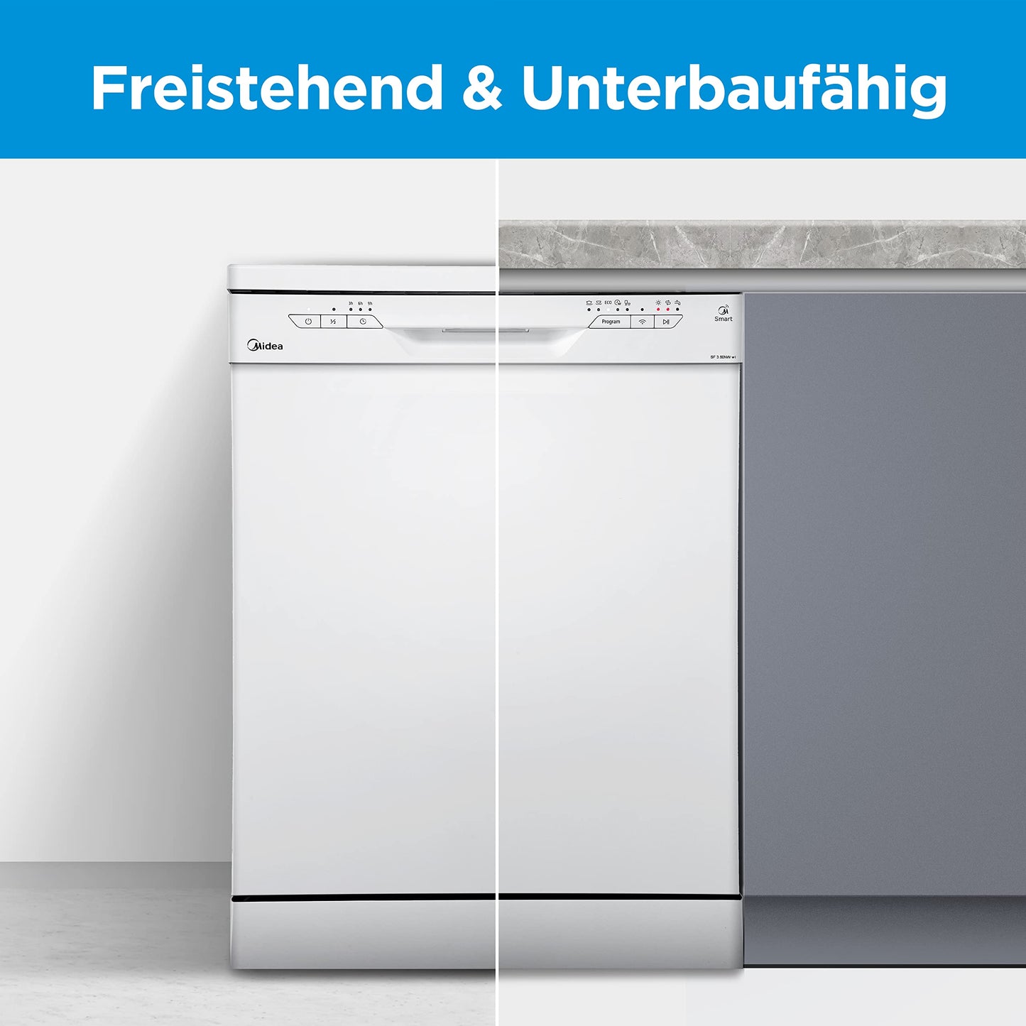 Midea MDWEU1435XSS-W Dishwasher, Integrated, 14 Place Settings, 60 cm, Partially Integrated with WiFi, Extra Drying, 7 Programmes, 47 dB, 0-24 Hours Start Time Delay, Stainless Steel