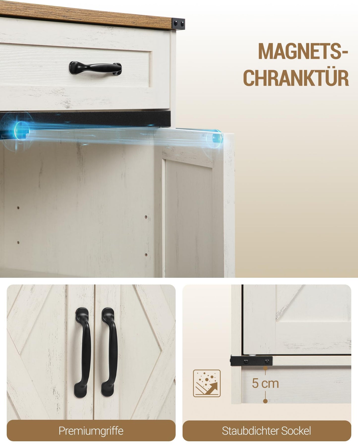 Hzuaneri SC94814X Kitchen Cabinet, Sideboard with 1 Drawer, Storage Cabinet with 2 Doors, Adjustable Shelves, Country House Style, Kitchen, Living Room, 40 x 140 x 80 cm, Vintage Brown/White